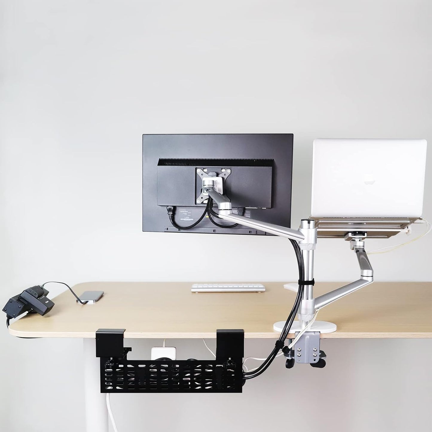 AEONS Premium Monitor Laptop Mount & Under Desk Cable Management Tray Wire Cord Organizer & Desk Clamp Mount PDU, No Drill Computer Computer Cord Raceway and Modesty Panel, Silver & Black