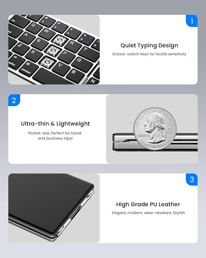 Samsers Foldable Bluetooth Keyboard - Portable Wireless Keyboard with Stand Holder, Rechargeable Full Size Ultra Slim Folding Keyboards Compatible IOS Android Windows Smartphone Tablet & Laptop-Silver
