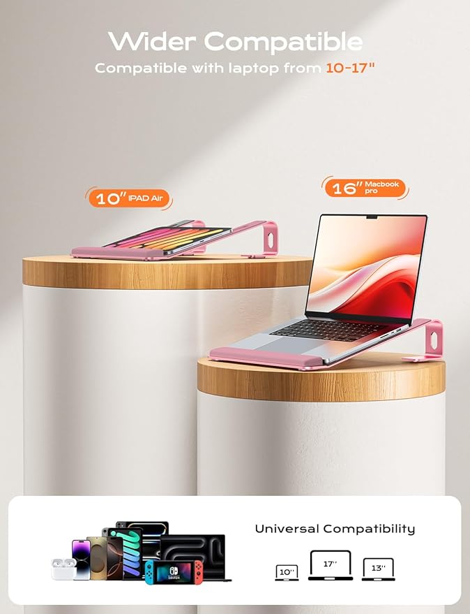 Laptop Stand for Desk, Laptop Stand with Wrist Support, Ergonomic Detachable Laptop Riser, Mount, Holder Notebook Computer Stand for MacBook Air Pro, HP, Dell, XPS, HP (10-17") Laptops - Pink