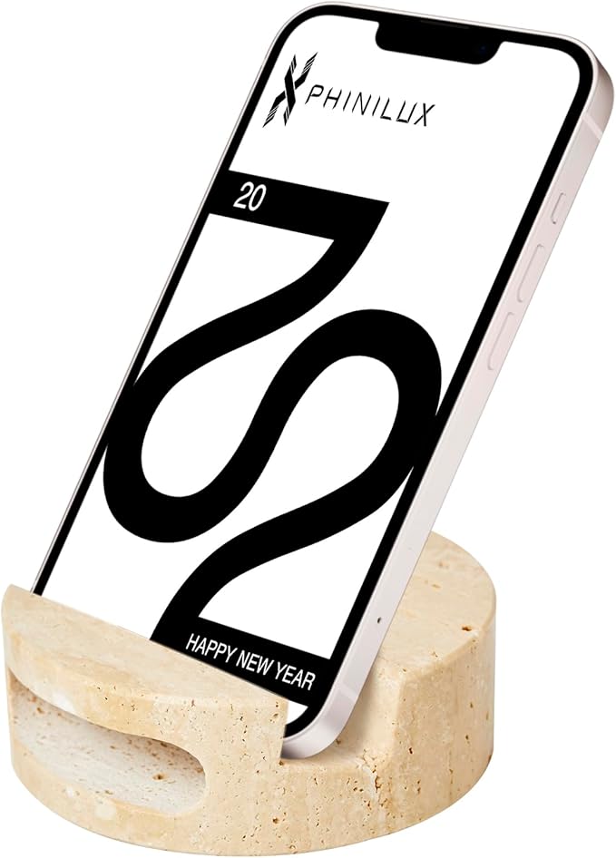 Luxury Marble Cell Marble Phone Stand with Sound, Phone Holder for Cellphone Tablet On Office Desk,Kitchen,Countertop, Nightstand,Round, Beige Travertine