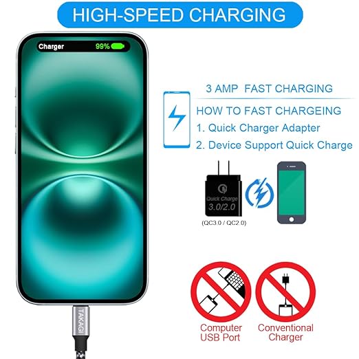 TAKAGI USB to USB C Cable (3Pack 6ft) USB A to Type C Cable Fast Charging Nylon Braided Data Sync Transfer Cord USB C Charger for iPhone 17 Pro Max/17 Air/16e/16 15 Pro/15 Plus/Galaxy S20 S10 Note 20