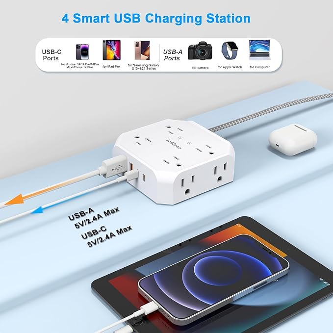 Surge Protector Power Strip, 8 Outlets with 4 USB Ports(2 USB C), 4-Sided 1050J Outlet Extender with 5FT Flat Extension Cord for Travel, Home, School, College Dorm Room Essentials