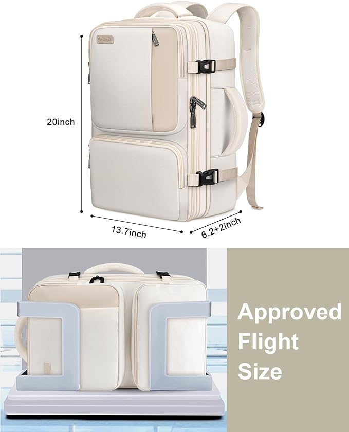 Vancropak Carry on Backpack, 47L Expandable Extra Large Travel Backpack with 3 Packing Cubes, Flight Approved Water Resistant Luggage Suitcase Weekend Duffle Bag Overnight Daypack for Women Men, Beige