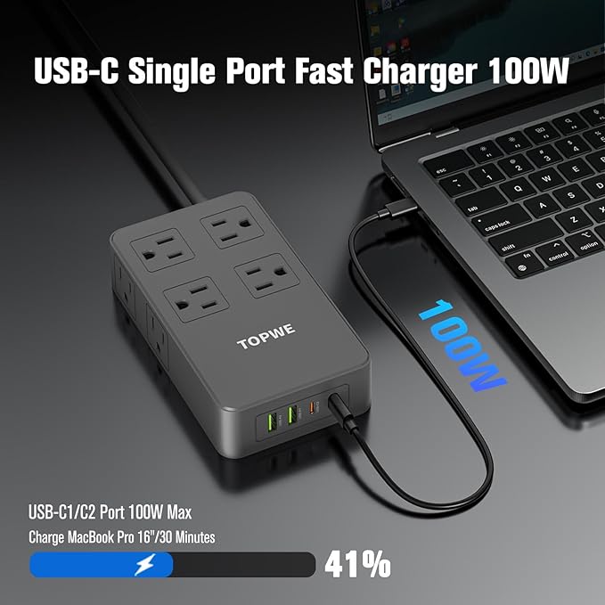 Power Strip Surge Protector with Multiple Outlets, Charging Station(100W Max), Flat Plug Extension Cord 10 Ft Long Cord, 8 Outlets & 4 USB Ports (2 USB C), Desk Charging Station for Home Office