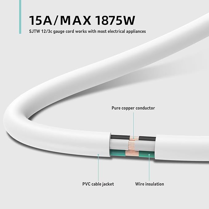 6ft Indoor Outdoor Extension Cord - 12/3 SJTW Heavy Duty Extension Cable with 3 Prong Grounded Plug for Safety -15Amp 1875W White Electric Cord Great for Garden, Appliances