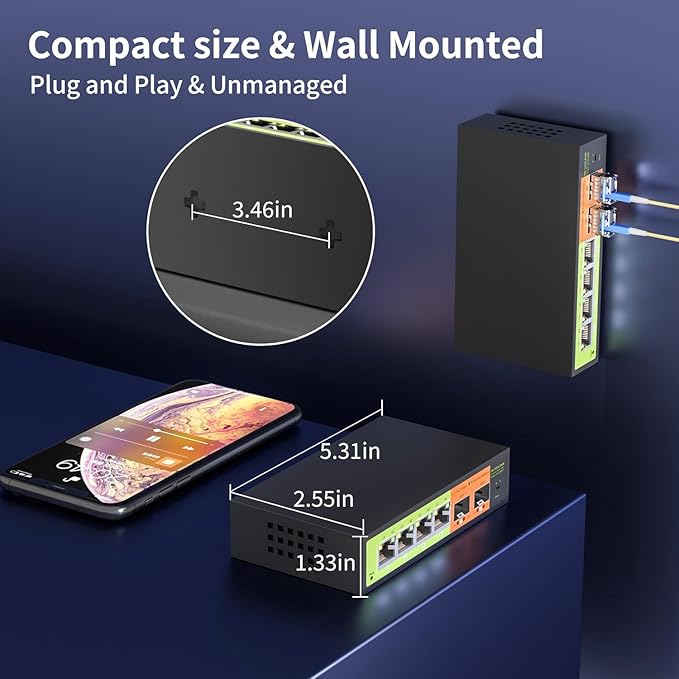 6 Port 2.5Gb Network Switch, 4x2.5G RJ45, 2x10G SFP+, Muti-gigabit, Unmanaged, Metal Case, 60G Bandwidth, Fanless, Compatible with 2.5gbe NAS, PC, AP