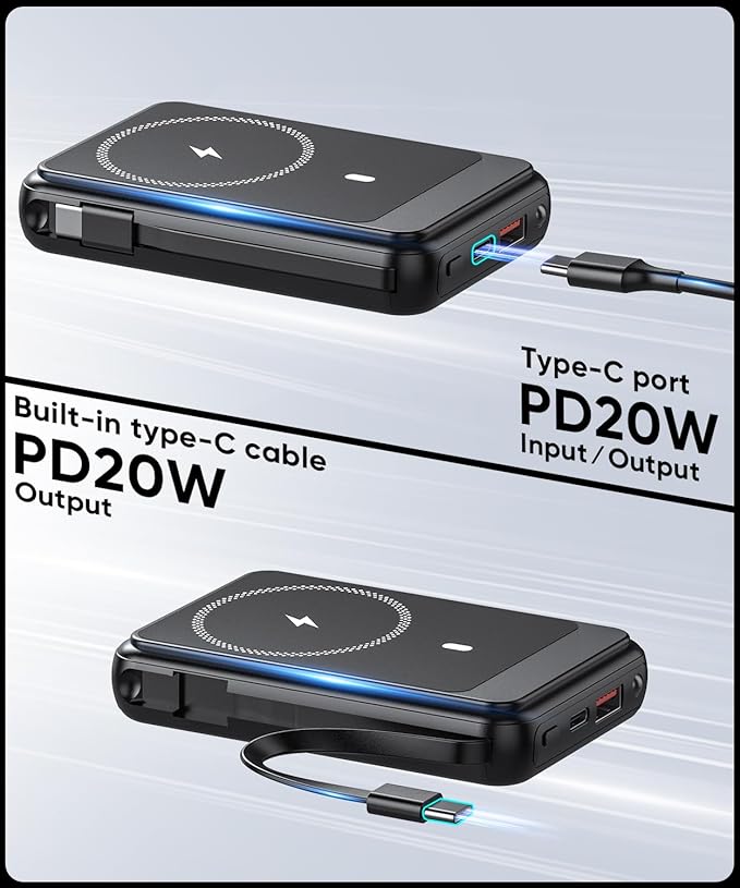 superallure Magnetic Power Bank 12000mAh for Magsafe Portable Charger, 22.5W Fast Charger Wireless Battery Pack with Built in Cables, for iPhone 16/16 Plus/16 Pro/16 Pro Max iPhone 15/14/13/12 Series