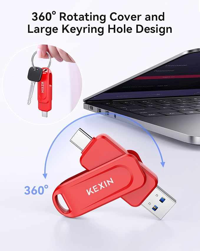 KEXIN 128GB USB C Flash Drive Dual USB Drive 3.0 USB-A & Type-C Thumb Drive Up to 100MB/s Swivel for Smartphone Tablet iPhone 15/16 Car Game Console, 128GB Red