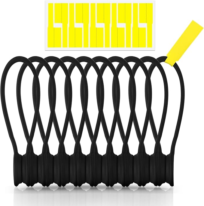 Kanemc 7.9'' Long Magnetic Cord Tie With Labels, Cable Straps Twist Ties Wire Tags Silicone Cord Wrap For HDMI Ethernet Cable Laptop Phone Charging Cords Kitchen Appliances Organization (10Pcs-Black)
