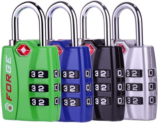 Forge Luggage Locks TSA Approved 4 Pack 4 Colors, Small Combination Lock with Zinc Alloy Body, Open Alert, Easy Read Dials, for Travel Suitcase, Bag, Backpack, Lockers.