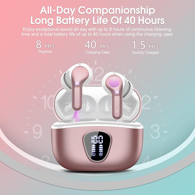 Wireless Earbuds, Bluetooth 5.4 Headphones HiFi Stereo, Bluetooth Earbuds with ENC Noise Cancelling Mic, IP7 Waterproof in Ear Earphones, 48H, LED Display Ear Buds for Pad Phones Workout, Rose Gold