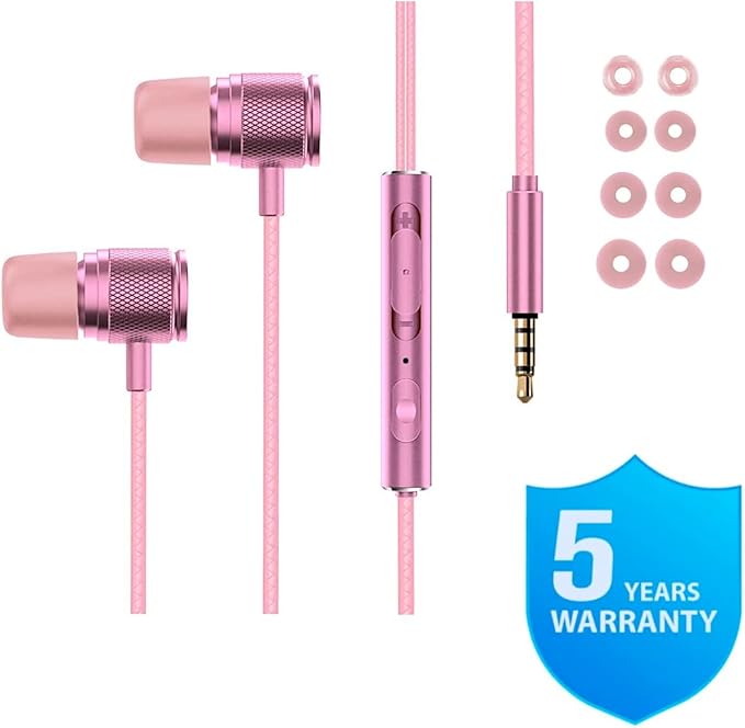 LUDOS Ultra Wired Earbuds in-Ear Headphones, 5 Years Warranty, Earphones with Microphone, Noise Isolating Ear Buds, Memory Foam for iPhone, Samsung, School Students, Kids, Women, Small Ears - Pink