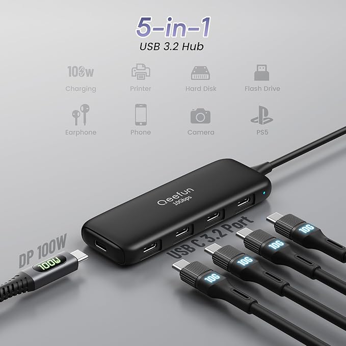 Qeefun USB C Hub 10Gbps, 4 Ports USB-C 3.2 Data Splitter, USB 3.2 Gen 2 Adapter with 100W Power Charging Port, USBC Extender for iPad Pro, iPhone 15, MacBook Air/Pro M2 M1, PC, Laptops and More