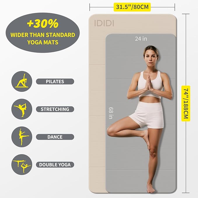 8mm Extra Large Foldable Yoga & Fitness Mat(74" x 31.5" x 0.32"), Double-Sided Non Slip & Lightweight Pilates Mat, Thick Wide Exercise Mats for Woman Man Kids, Portable Workout Mats for Travel, Studio or Home Use