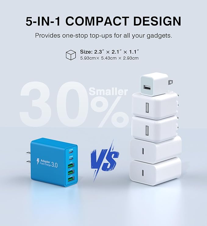 [2-Pack] USB C Wall Charger, 50W USB C Charger Block 5-Port PD Fast Charging Blocks,2USB C+3USB A Multiport Plug,Type C Power Adapter Brick Cube for iPhone17/16/15/14/Pro,iPad,Samsung,for Switch（Blue）