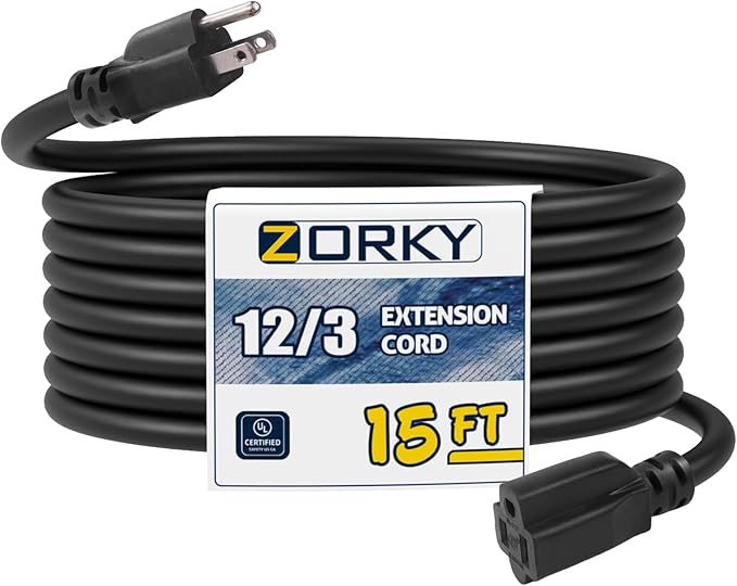 15ft Indoor Outdoor Extension Cord - 12/3 SJTW Heavy Duty Extension Cable with 3 Prong Grounded Plug for Safety -15Amp 1875W Black Electric Cord Great for Garden, Appliances