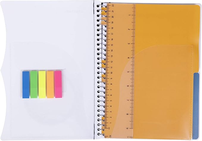 Mintra Office Durable PREMIUM Spiral Notebook, ((White, 2 Subject (6in x 9.5in)), Wire, Fabric Covered Coils, No Snags, Removable Adjustable Pocket Dividers, Ruler, Organization, Customizable