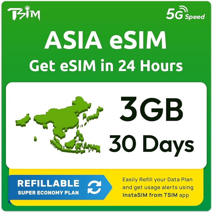 Asia eSIM for 17 Countries | 3GB Super Economy Refillable Plan! QR Code Sent via Email in 24Hrs - Scan & Use Immediately | Auto Activating 30 Day Validity | Hotspot Allowed | Data-Only No Phone Number