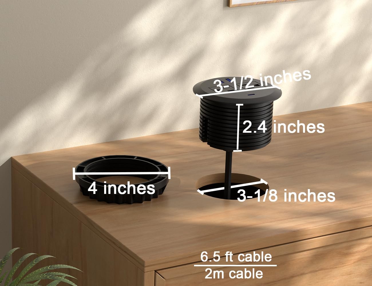 2PCS 3 Inch Desktop Power Grommet,20W USB C Fast Charging Station,3-USB Port,Flush Mount,6.5 ft Power Cord.Round Recessed Power Outlet,Desk Hole Grommet Outlet for Workspace,Sofa,Black
