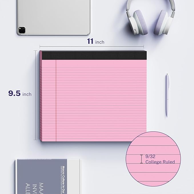 3 Pack Wide Legal Pads 11" x 9.5" (Landscape Format) Pink Blue Green College Ruled Note Pad Narrow Ruled 30 Sheets per Notepad Perforated Writing Paper with Thick Backboard Horizontal Pads of Paper
