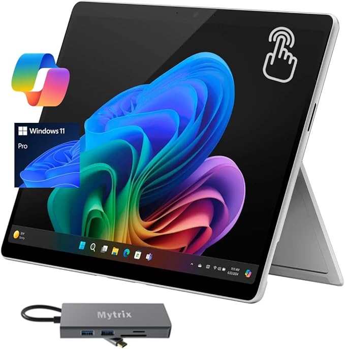 Microsoft Surface Pro 11, 13" 120Hz 2.8K Touchscreen, Copilot+ PC Tablet, 10-Core Snapdragon X Plus w/AI NPU, 16GB RAM, 1TB SSD, WiFi 7, 4K Webcam, Docking Station, Win 11 Pro, WiFi Only, Platinum