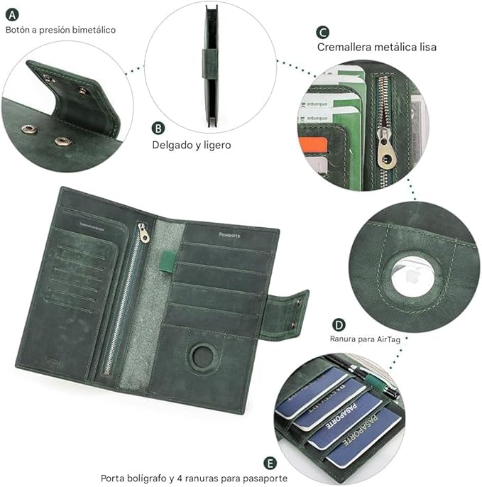 CONTACTS Full Grain Leather Family Passport Holder for 4 Airtag Passport Wallet RFID Blocking Travel Passport Cover with 4 Passport Slot, 6 Card Slot (Green)