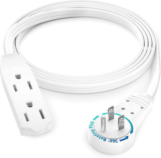 Maximm Cable 4 Ft 360° Rotating Flat Plug Extension Cord, 16/3 AWG Multi 3 Outlet 3-Prong Grounded Wire- White - UL Certified