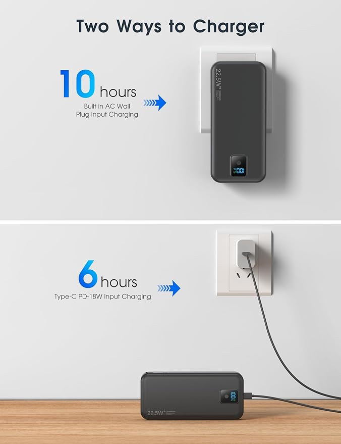 Portable Power Bank, 20000mAh 22.5W Fast Charging Phone Charger with Built-in Cables & Wall Plug, Travel Essential Battery Pack with LED Display, USB C Battery Charging Bank for iPhone, Samsung Black