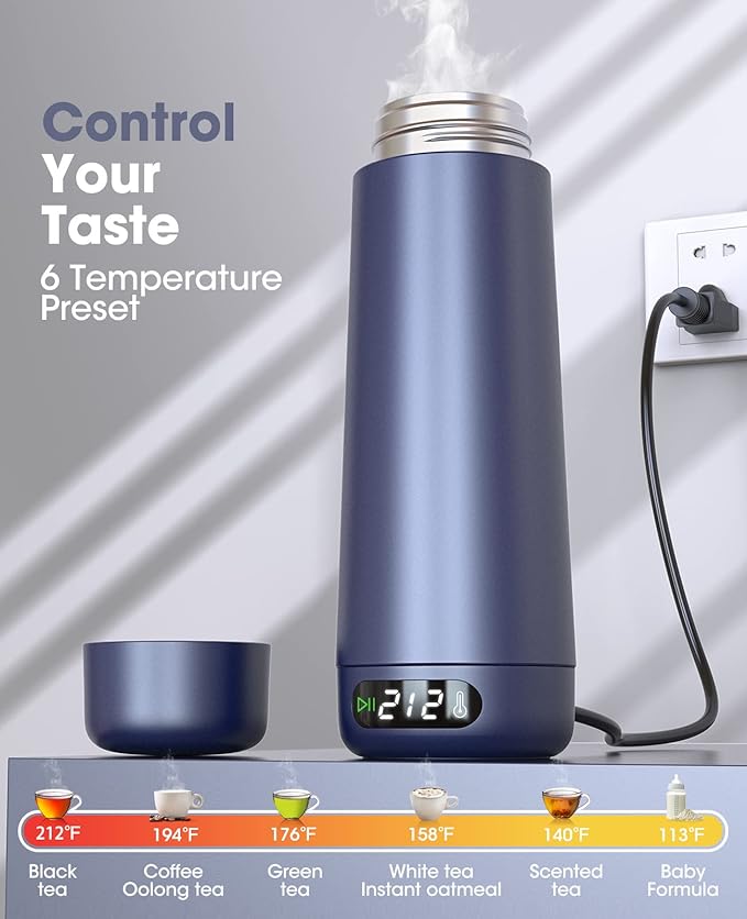 Travel Kettle, Dual Voltage Portable Electric Kettle 110V-220V-240V Smart Small Water Boiler for Tea & Coffee, 316 Stainless Steel, 6 Temperature Control and LCD Display, for Global Use (370ML)