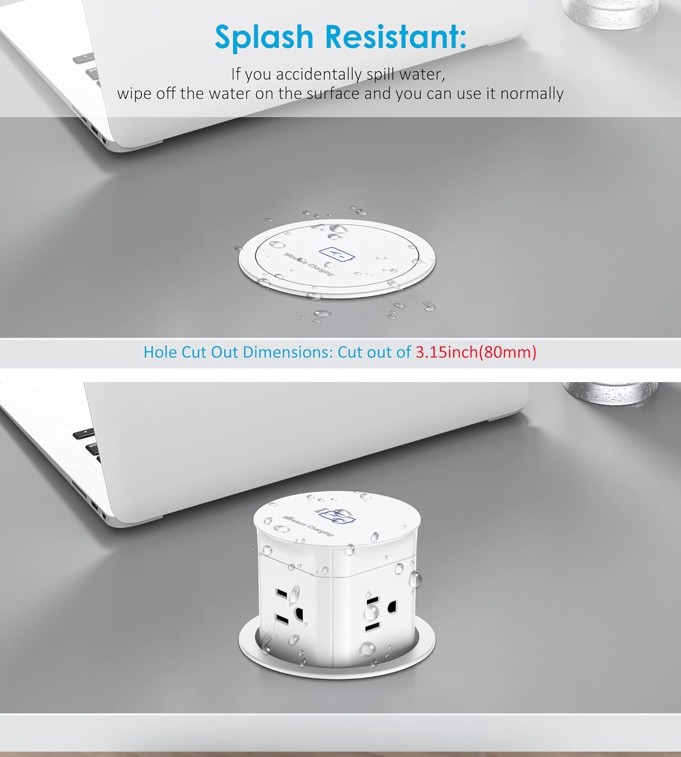 Jgstkcity Pop Up Outlet with 15W Wireless Charger,4 Outlets 15A, Splash Resistant,3 inch Desk Hole Power Grommet,Space Saver Outlet for Kitchen Countertop,Office Conference Table,ETL Listed