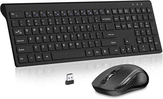 Keyboard and Mouse Wireless, Slim Full Size Keyboard with Calculator Button, Fn Lock, Silent Computer Mouse with Side Button, 2400 DPI, 2.4G USB Cordless Set for Laptop PC Windows Mac -Black