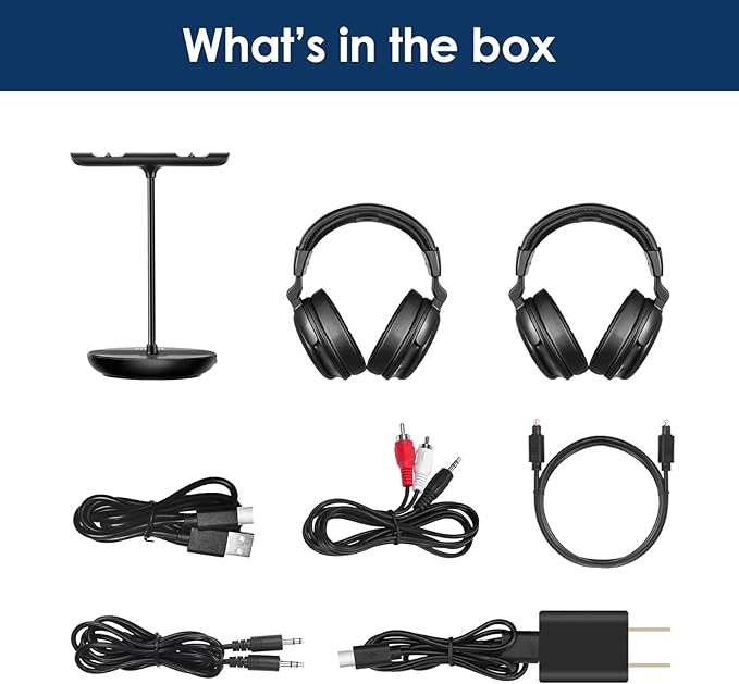 SIMOLIO Dual Wireless Headphones for TV Watching w/ 2.4G Transmitter & Charging Stand & Spare Battery, Dialog Clarifying, By-pass, Tone & Balance Control, Clear Voice for Seniors, 100FT Range, SM829D2