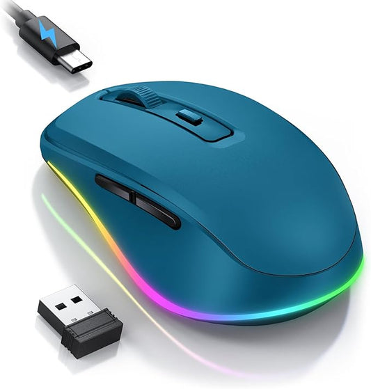 PEIOUS Wireless Mouse Jiggler - LED Wireless Mice with Build-in Mouse Mover, Rechargeable Moving Mouse for Laptop with Undetectable Random Movement Keeps Computers Awake - Dark Blue