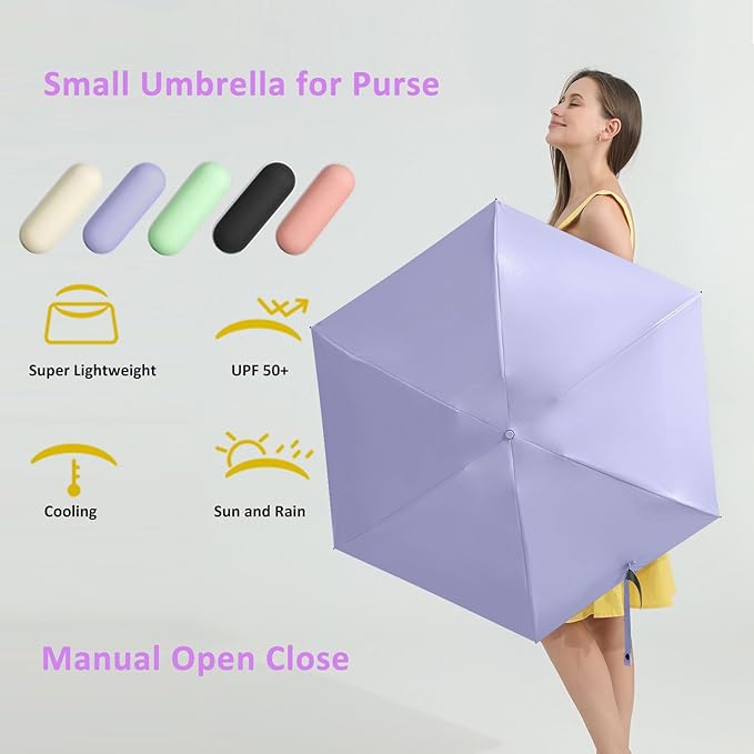 BAODINI Travel Essentials Mini Umbrella for Purse With Case Small Compact UV Sun Protection Lightweight Tiny Pocket Manual Open Close Umbrella for Women Kids and Men Fit Purse Backpack