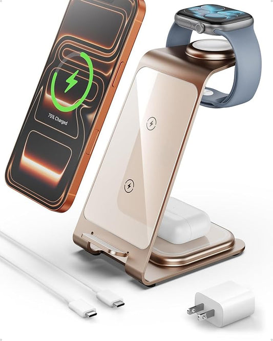 Intoval 3 in 1 Wireless Charging Station for iPhone 17 16 15 14 13 12 11 X Pro Max, Wireless Charger for Apple Watch Ultra 3 SE 9 8 7 6 5 4 3 2, for AirPods 4 Pro Pro 2 3 (Y93, Desert)