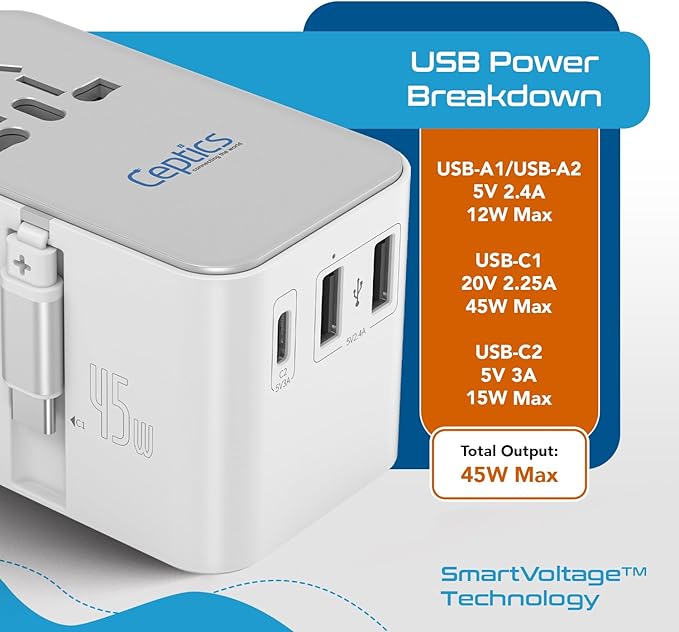 Ceptics 5 in 1 International Travel Adapter with PD 45W Retractable USB-C Cable 65cm, 2X USB-A 2.4A, 1x USB-C 3A, Travel Adapter Worldwide for Laptop, Phones and Cameras for US, EU, UK, UP-45WC-WH