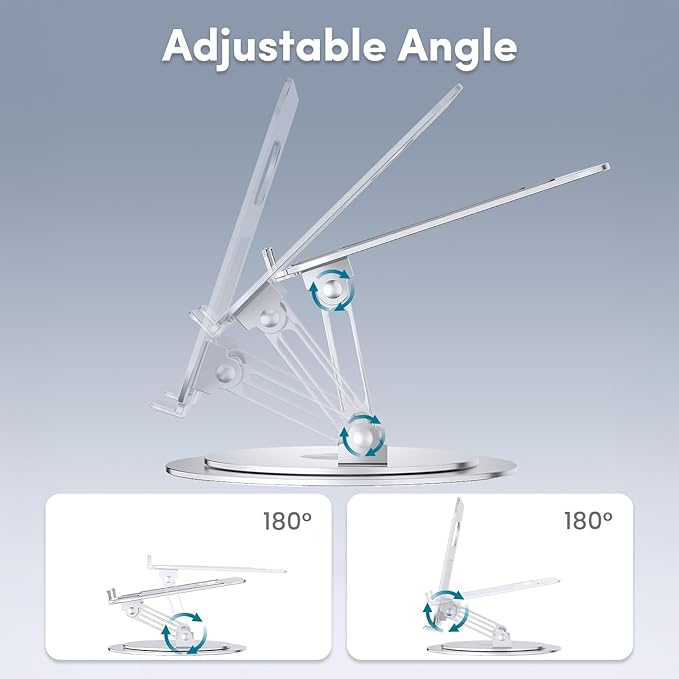 Lifelong Adjustable Laptop Stand with 360° Rotating Base, Ergonomic Computer Stand for Desk, Foldable & Portable Laptop Riser Holder Fits All MacBook, Laptops 10-16 Inches, Silver