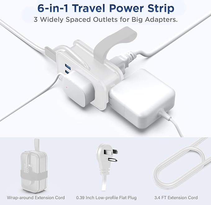 Travel Charger for Multiple Devices, Flat Plug Power Strip 3ft Adapter Extension Cord, 3 AC Outlets, 2 USB & 1 Fast Charging USB-C, No Surge Cruise Approved, Portable Power Strip