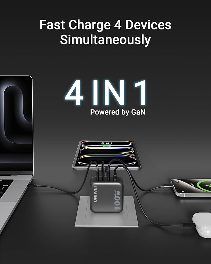 100W USB C Charger Block, 4-Port GaN and Ultra-Compact Wall Adapter, for MacBook, iPhone 17/16 Series, Samsung Galaxy, Pixel, and More