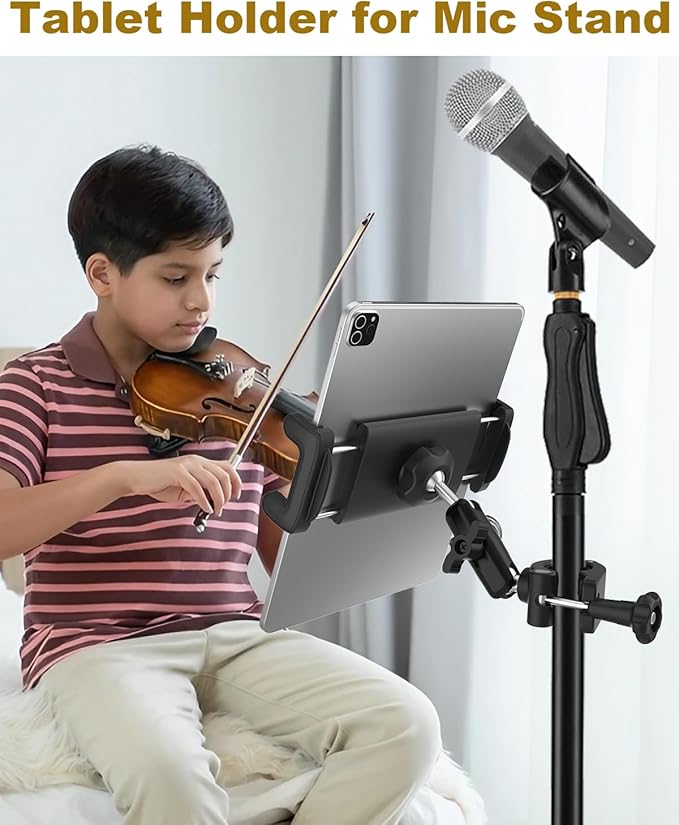 Aluminum Tablet Holder for Microphone Stand/Mic Music Mount Stand [Without Slipping] 360° Rotation Adjustable iPad iPhone Holder Mount for Microphone with Clamp, Fits 4''–13" Tablets & Smartphones