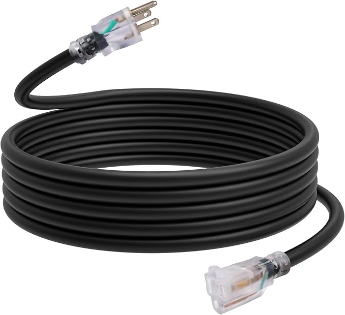 EP 15 Ft Outdoor Extension Cord, 12/3 SJTW Heavy Duty Waterproof Power Cable, 3 Prong Grounded Plug, Lighted End, for Lawn, Garden, Appliances, Black