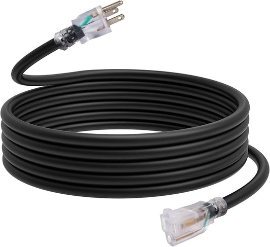 EP 15 Ft Outdoor Extension Cord, 12/3 SJTW Heavy Duty Waterproof Power Cable, 3 Prong Grounded Plug, Lighted End, for Lawn, Garden, Appliances, Black