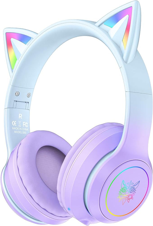 Cat Ear Bluetooth Headphones with Micphone for Kids & Adults, LED Light Up Wireless HI-FI Sound Quality, Over-Ear Headphones with Volume Control for iPhone/iPad/Laptop/PC(55H Play Time)
