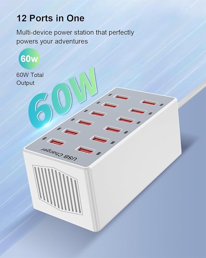 USB Charger 12-Ports Charging Station for Multiple Devices USB Wall Charger Power Hub Strip Smart Plug Charging Dock Block for iPhone Xs/XR,iPad,iPod,Galaxy S9/S8,Smart Phones 60W