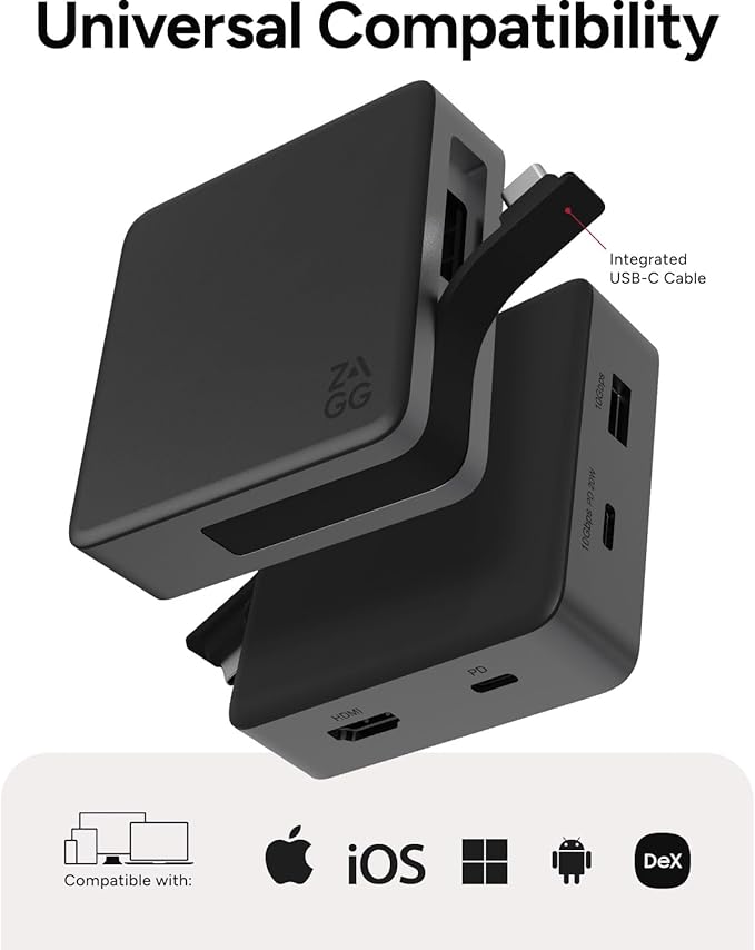 ZAGG 4-Port Hub - Versatile USB-C PD, USB-A HDMI Adapter, High-Speed Charging & 4K Display Support, Compact for Travel, Compatible with Windows, macOS, iPadOS, ChromeOS, Android