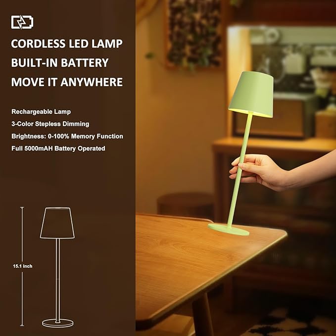 Kakanuo Yellow Green Cordless Table Lamps, Rechargeable Lamp, Battery Operated Lamps, Touch Control Table Lamps, 3 Color Temperature, Stepless Dimmable, LED Portable Wireless Battery Lamp, Set of 2