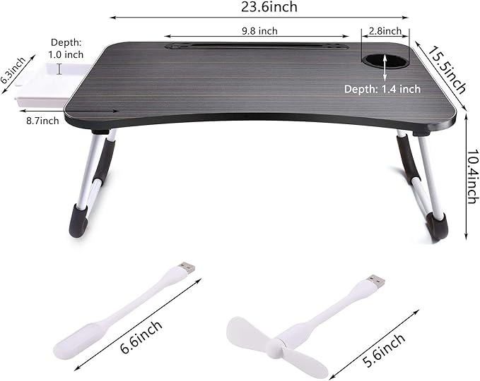 Slendor Lap Desk with Tablet Slot, Foldable Laptop Table with Storage Drawer for Bed，Portable Bed Desk for Laptop, Computer Tray with Cup Holder Notebook Stand Reading Holder for Couch Floor, Black