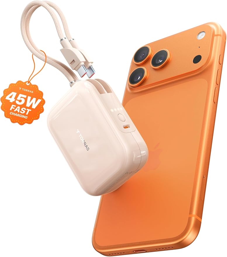 TORRAS 10000mah Portable Charger Power Bank 45W Fast Charging [Daily Use & Travel Essential] Built in Cable USB C, Phone Battery Pack Powerbank for iPhone 17 16 15, Samsung S25, S24, Google Piexl etc