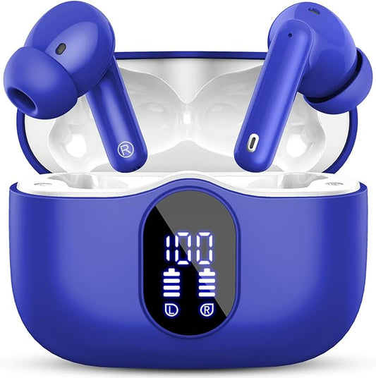 Wireless Earbuds, Bluetooth 5.4 Headphones Bass Stereo, Ear Buds with Noise Cancelling Mic, LED Display in Ear Earphones Clear Calls, IP7 Waterproof Bluetooth Earbuds for Laptop/Phones/Sports, Blue