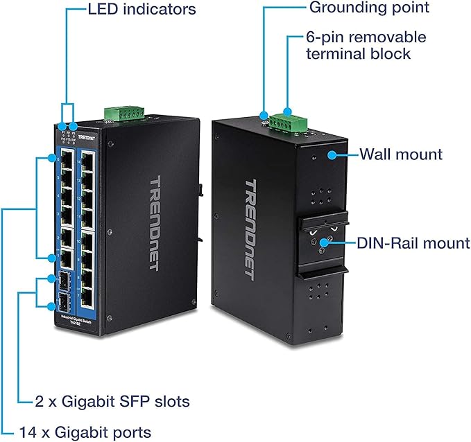 TRENDnet 16-Port Hardened Industrial Unmanaged Gigabit DIN-Rail Switch, TI-G162, 14 x Gigabit Ports, 2 x Gigabit SFP Slots,32Gbps Switching Capacity, IP30 Ethernet Network Switch, Lifetime Protection